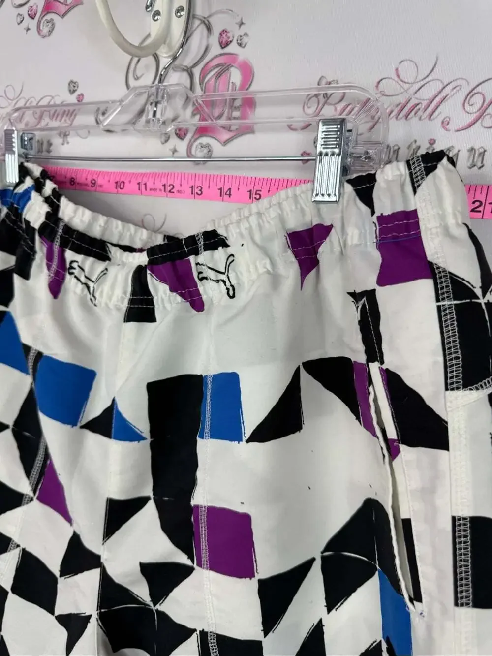 Puma shorts White Swim Board Shorts with Black, Blue, and Purple Geometric Print